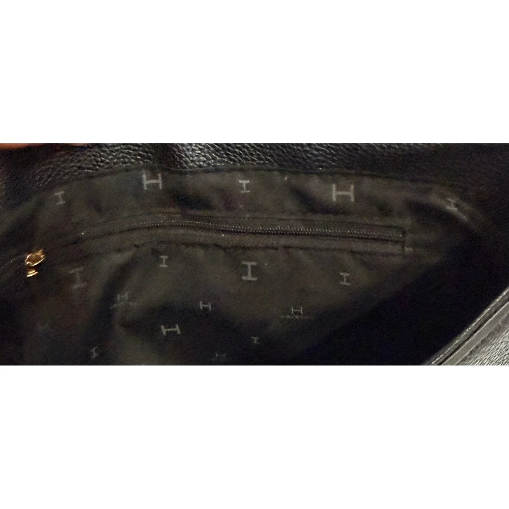 Halston Black Pebbled Faux Leather Crossbody Shoulder Bag Logo Strap Gold Tone